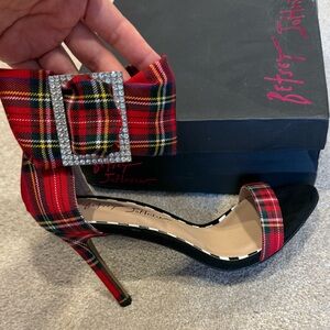 Betsey Johnson Red Plaid Heels with Rhinestone Buckle